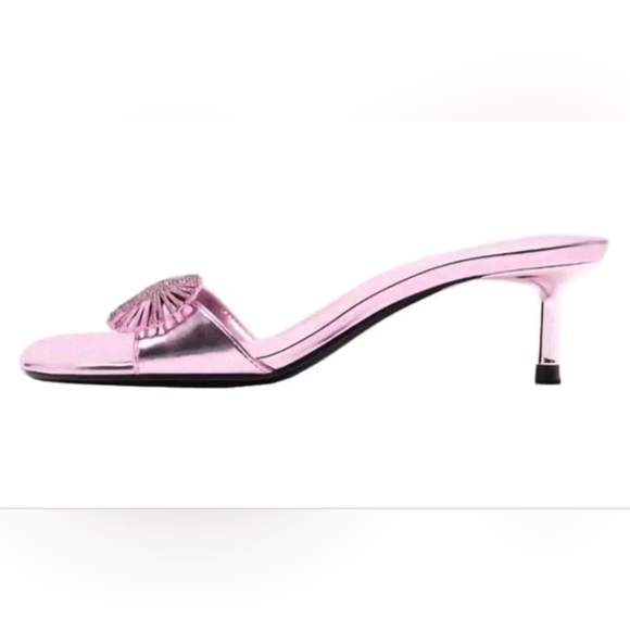 ZARA💖 PINK METALLIC AND RHINESTONE KITTEN HEEL SLIDES size Euro 40, (US 9 -9.5) - Picture 5 of 14